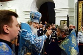 Святейший Патриарх Кирилл совершил утреню в канун праздника Покрова Пресвятой Богородицы в Воскресенском войсковом соборе станицы Старочеркасская